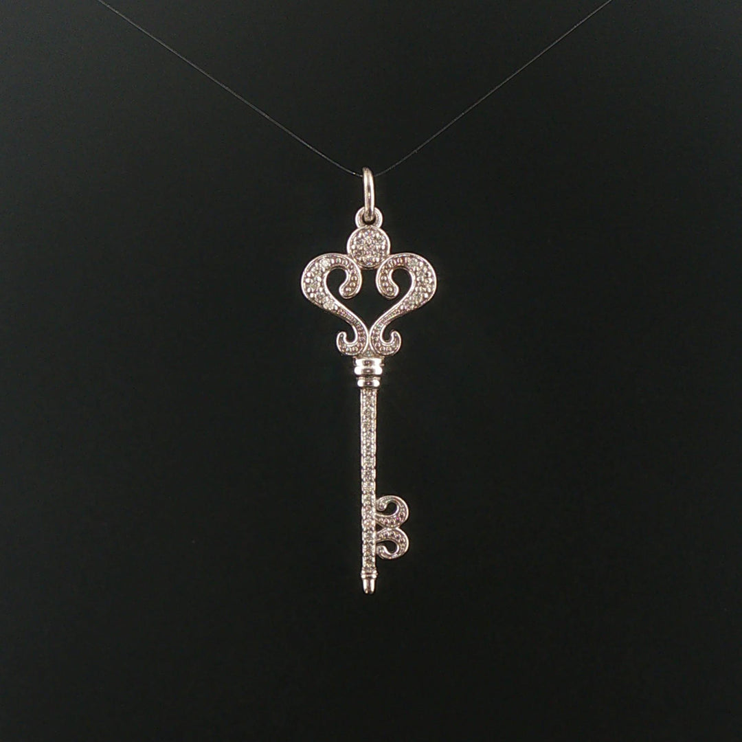 14k White Gold and 0.45cttw Diamond Vintage Large Key Pendant 2"