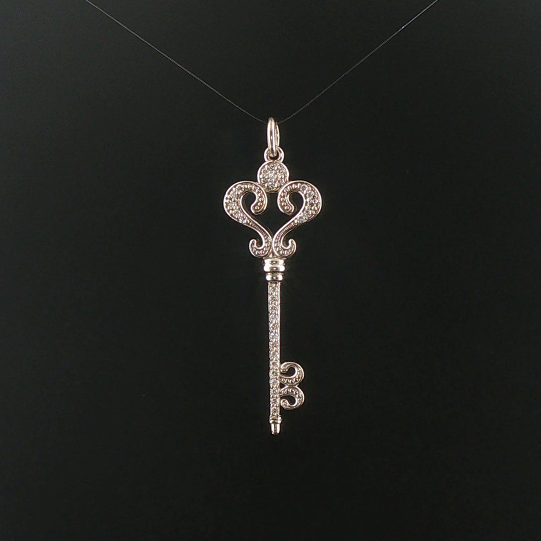 14k White Gold and 0.45cttw Diamond Vintage Large Key Pendant 2"