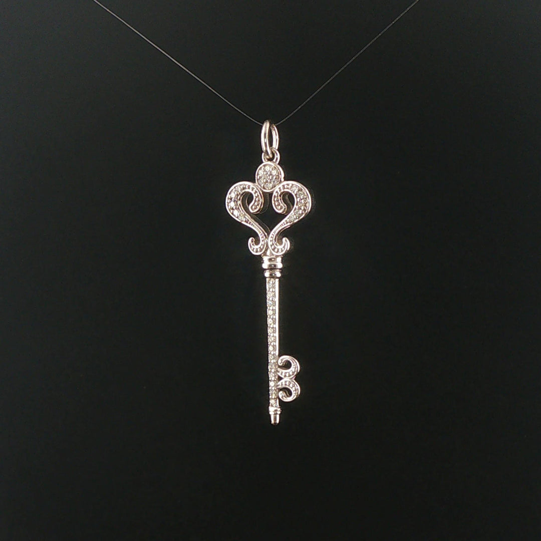 14k White Gold and 0.45cttw Diamond Vintage Large Key Pendant 2"
