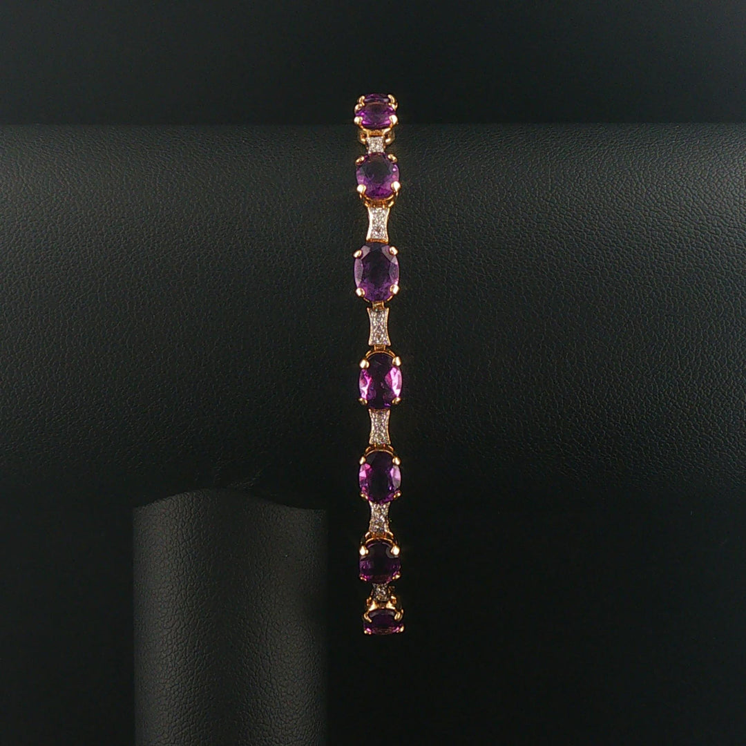 14k Yellow Gold Amethyst and Diamond Ladies 8g Link Bracelet 7.25"