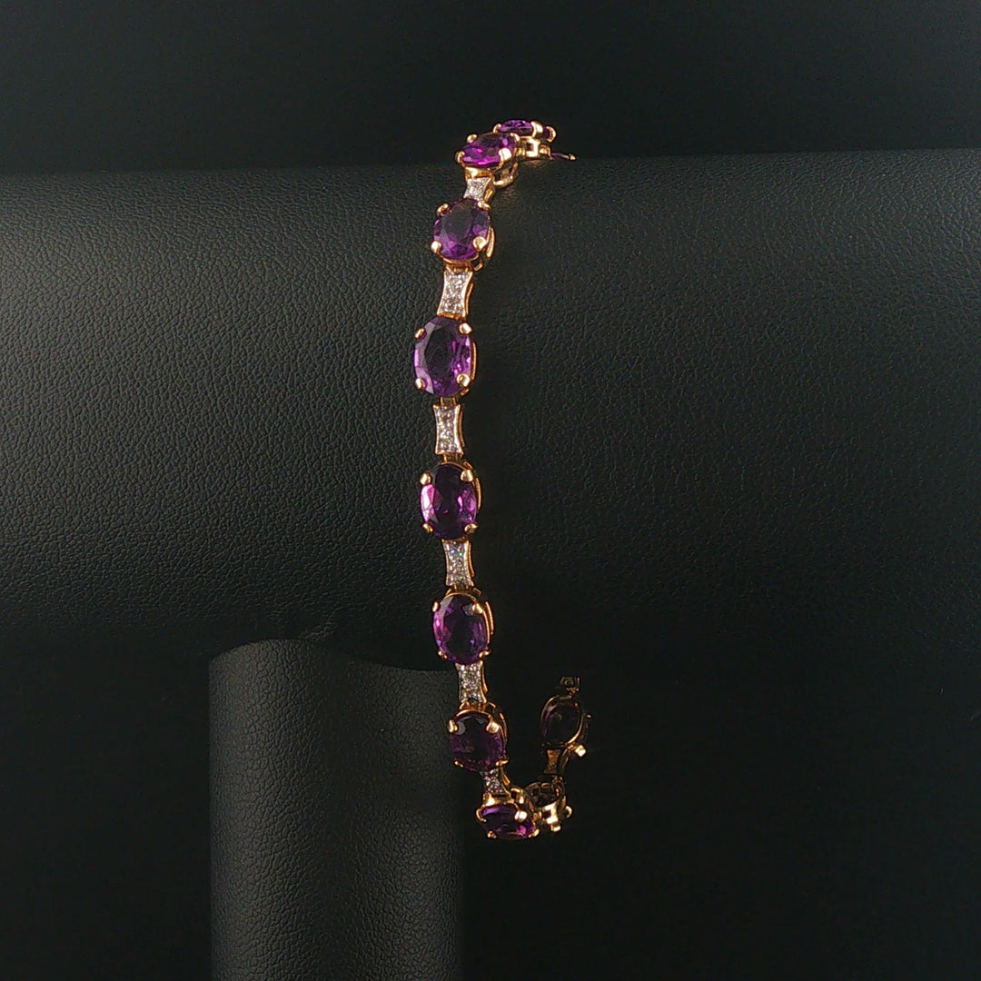 14k Yellow Gold Amethyst and Diamond Ladies 8g Link Bracelet 7.25"
