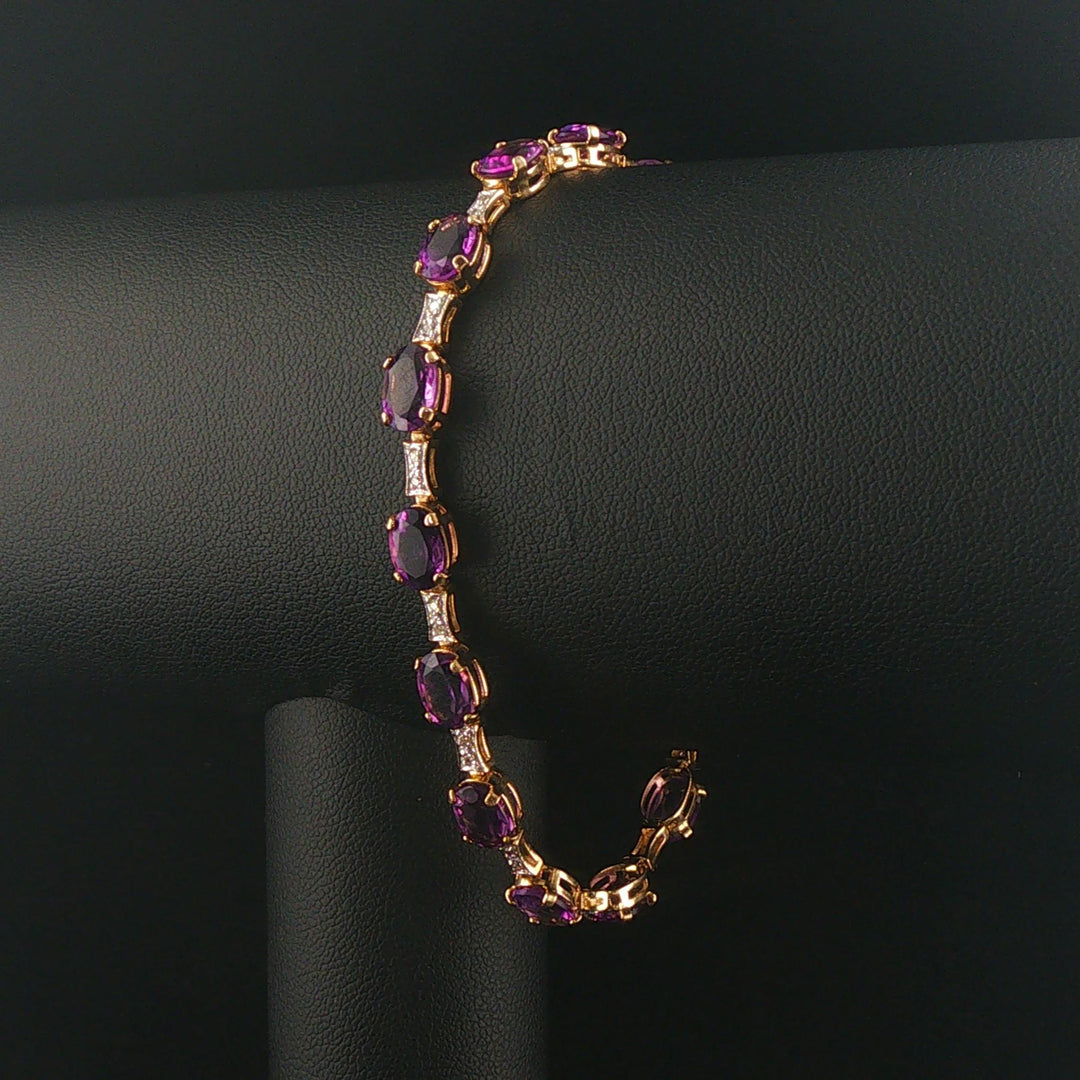14k Yellow Gold Amethyst and Diamond Ladies 8g Link Bracelet 7.25"