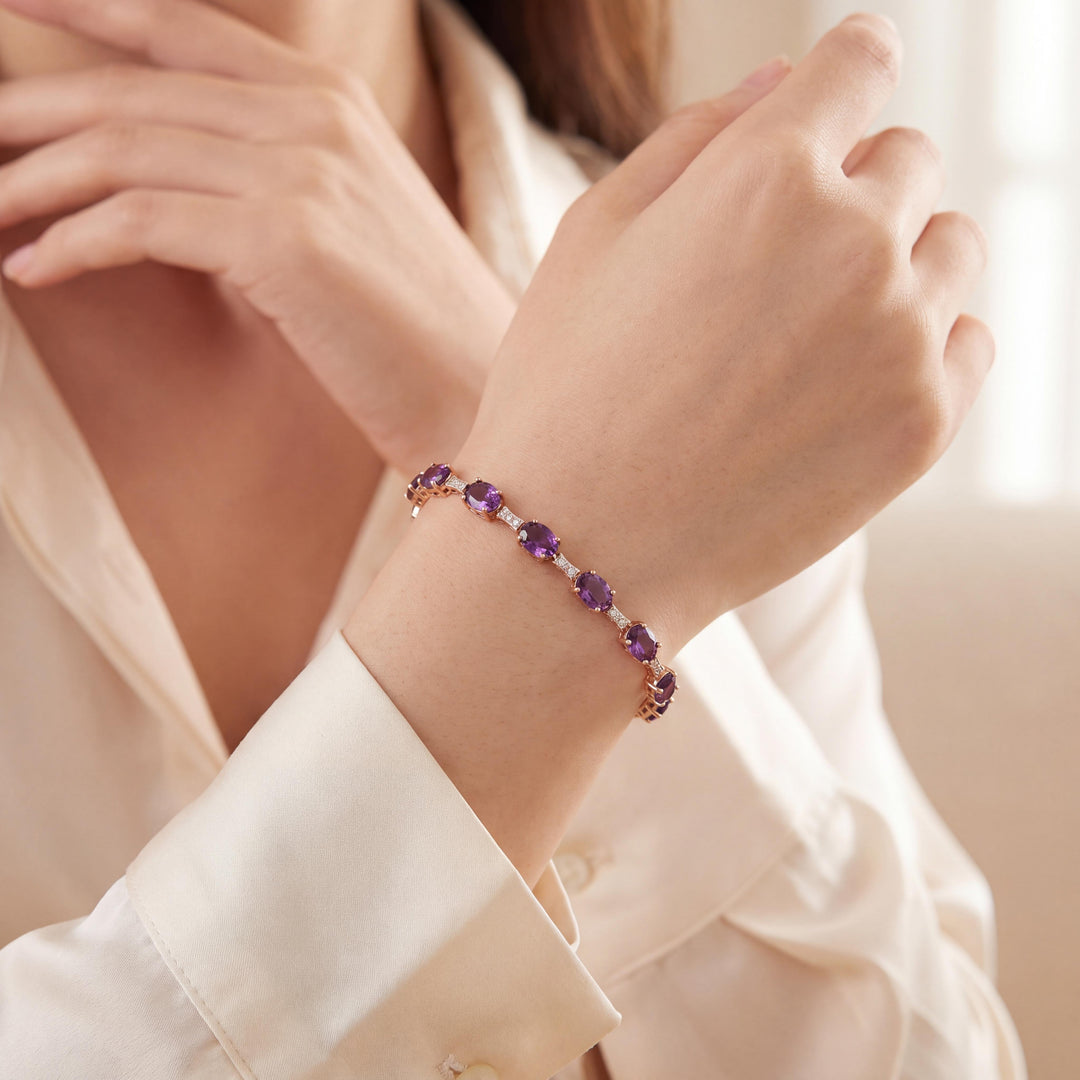 14k Yellow Gold Amethyst and Diamond Ladies 8g Link Bracelet 7.25"