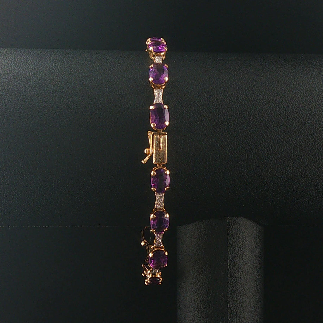14k Yellow Gold Amethyst and Diamond Ladies 8g Link Bracelet 7.25"