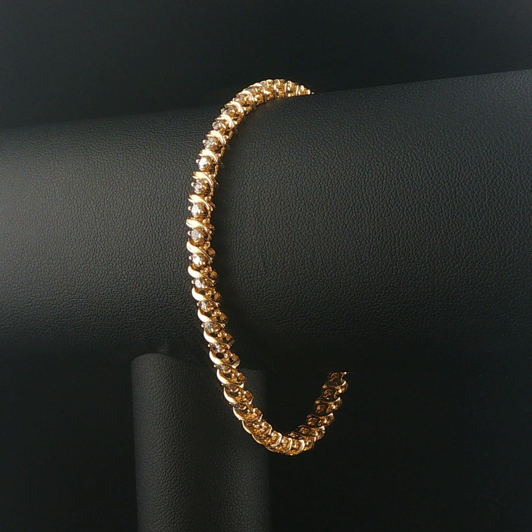 14k Yellow Gold and 1.50cttw Diamond Solid S Link Vintage Tennis Bracelet 7.25"