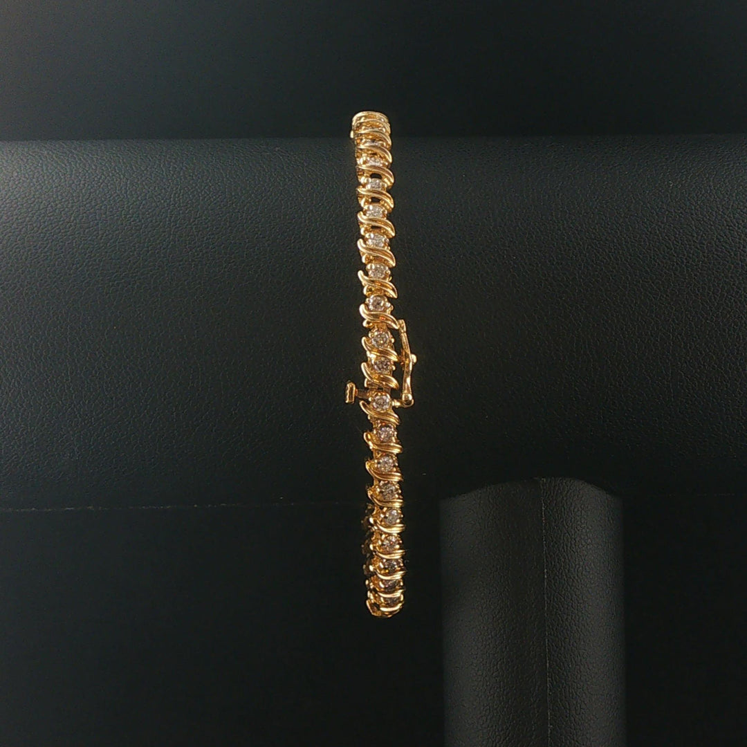 14k Yellow Gold and 1.50cttw Diamond Solid S Link Vintage Tennis Bracelet 7.25"