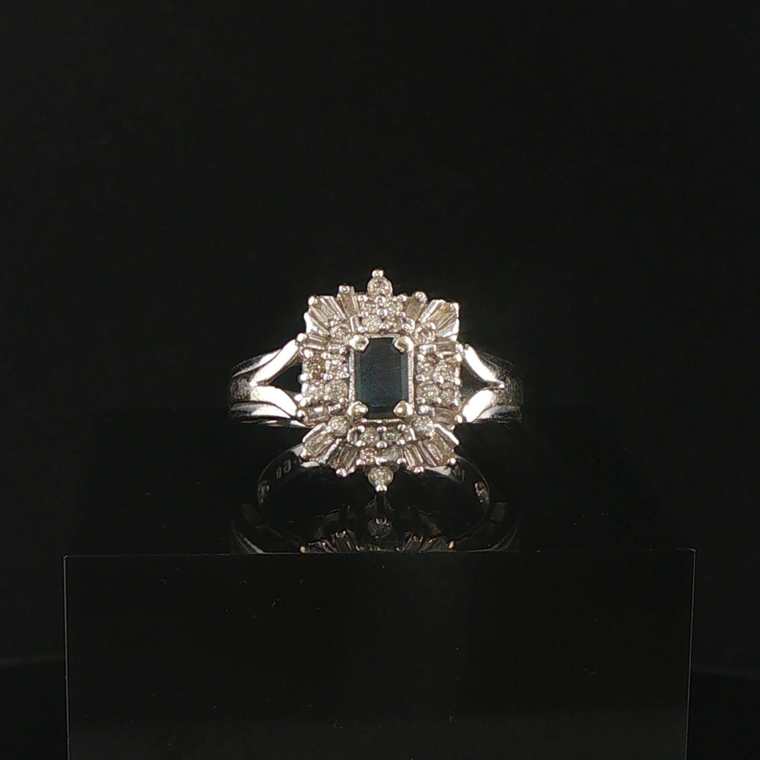 14k White Gold Blue Sapphire and Diamond Vintage Ring Size 6.75