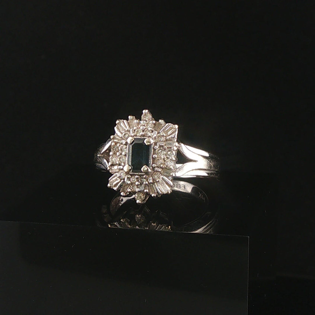 14k White Gold Blue Sapphire and Diamond Vintage Ring Size 6.75