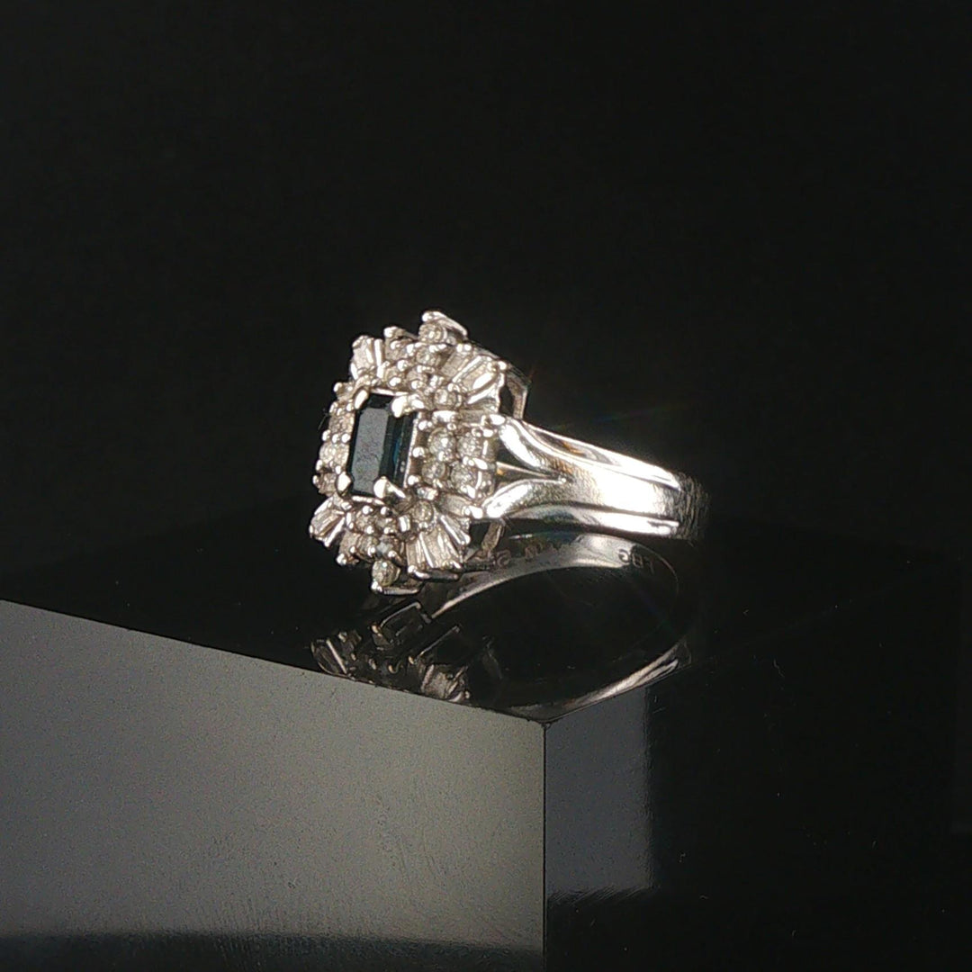 14k White Gold Blue Sapphire and Diamond Vintage Ring Size 6.75