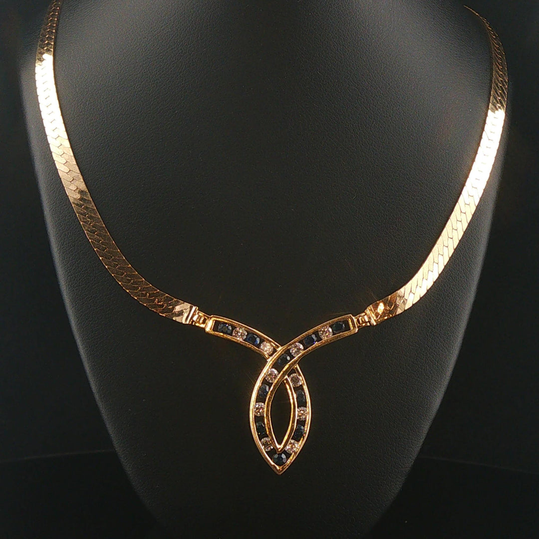 14k Yellow Gold Sapphire and Diamond Herringbone Station Pendant Necklace 16"