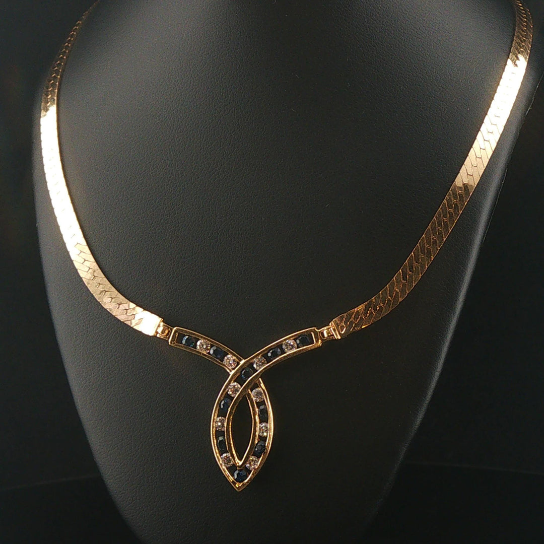 14k Yellow Gold Sapphire and Diamond Herringbone Station Pendant Necklace 16"