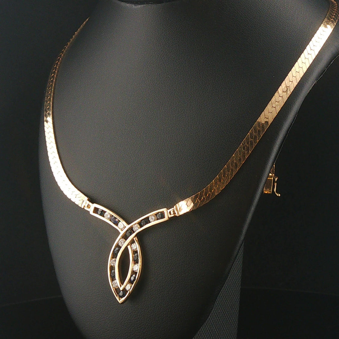 14k Yellow Gold Sapphire and Diamond Herringbone Station Pendant Necklace 16"