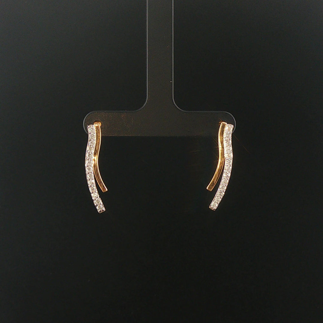 14k Yellow and White Gold Diamond Curved Bar Stud Earrings 1"
