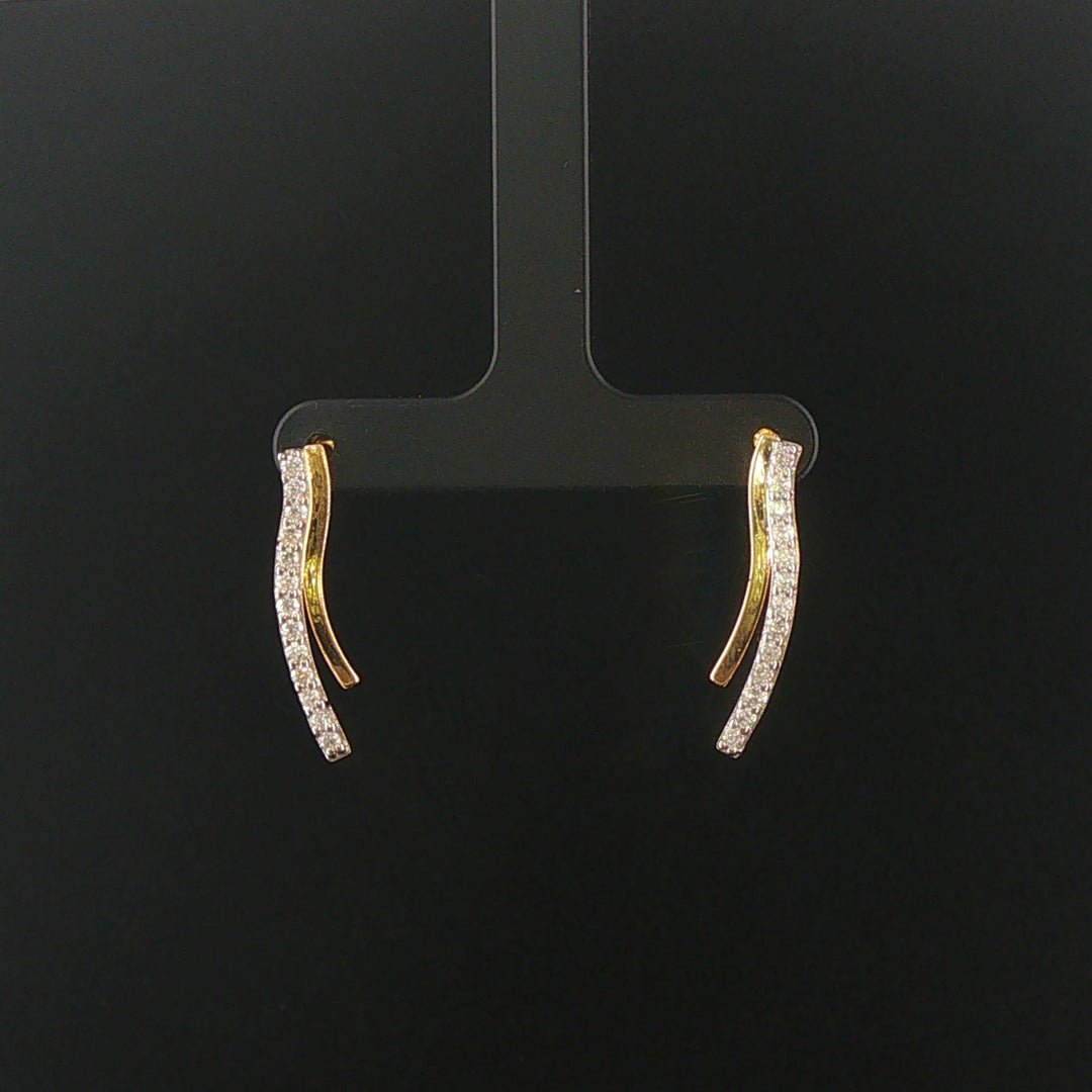 14k Yellow and White Gold Diamond Curved Bar Stud Earrings 1"