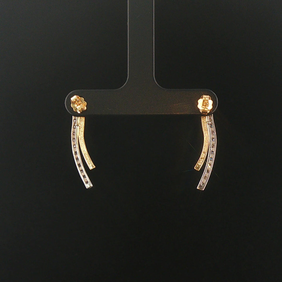 14k Yellow and White Gold Diamond Curved Bar Stud Earrings 1"