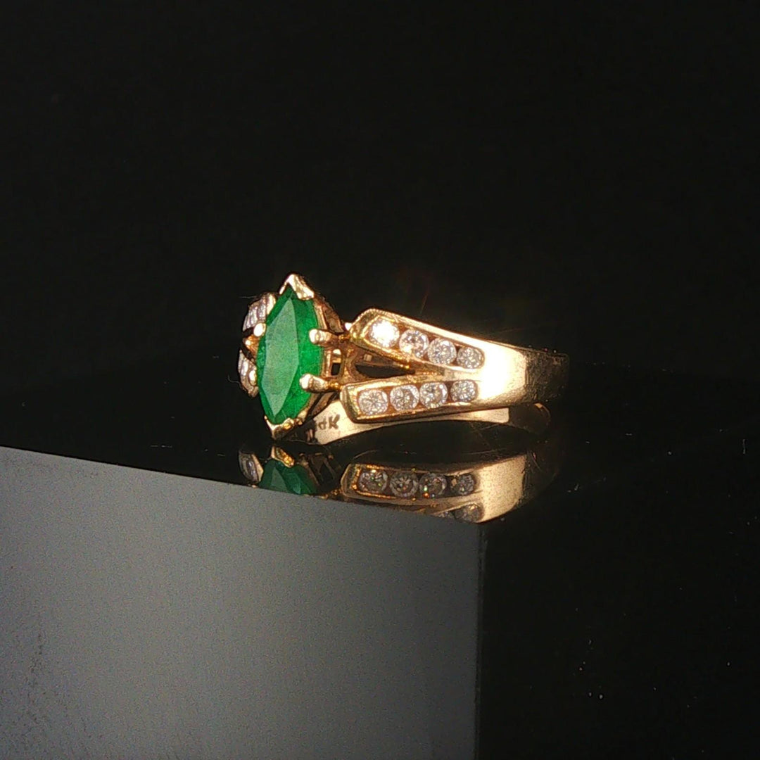 14k Yellow Gold Emerald and Diamond Ladies Band Ring Size 5.75
