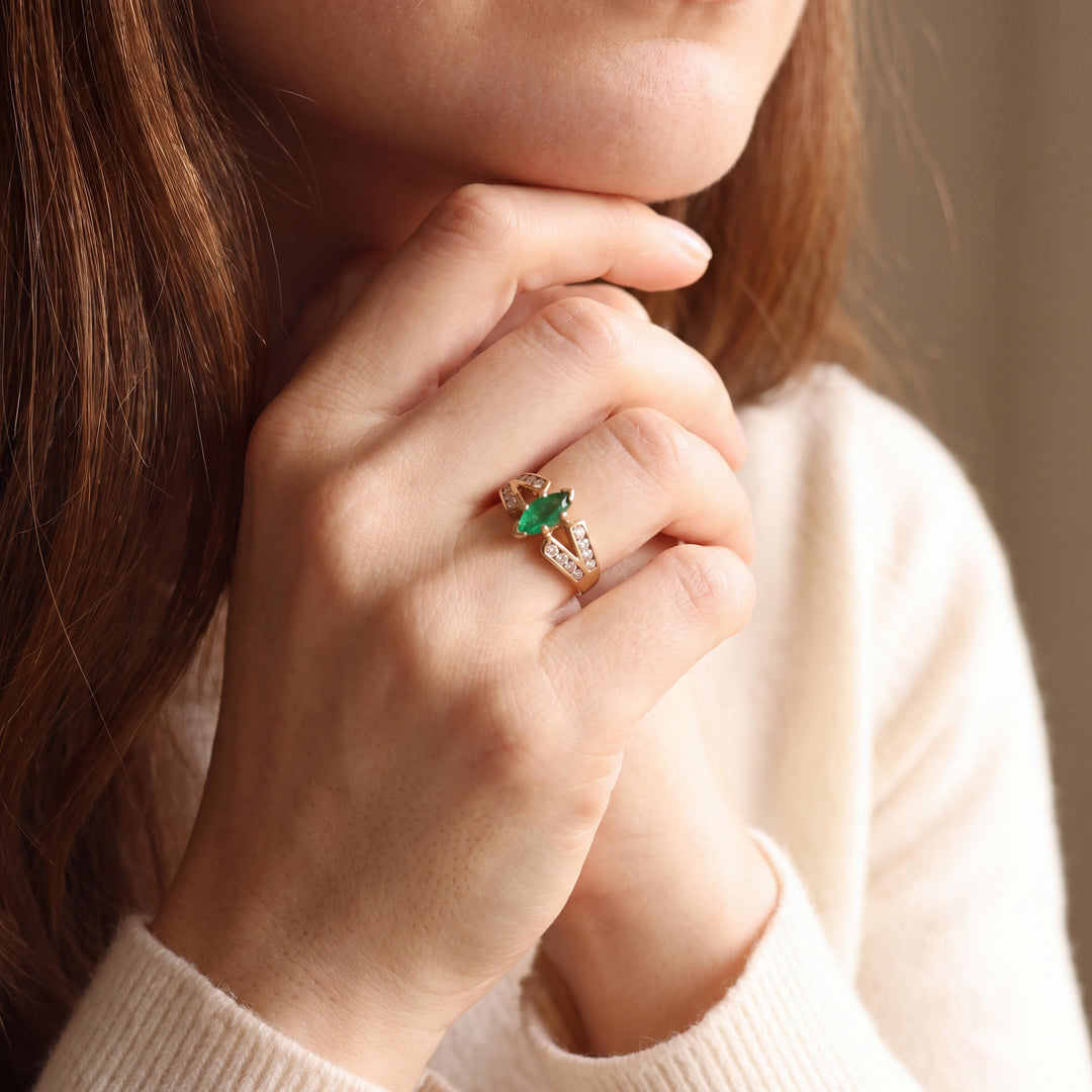 14k Yellow Gold Emerald and Diamond Ladies Band Ring Size 5.75