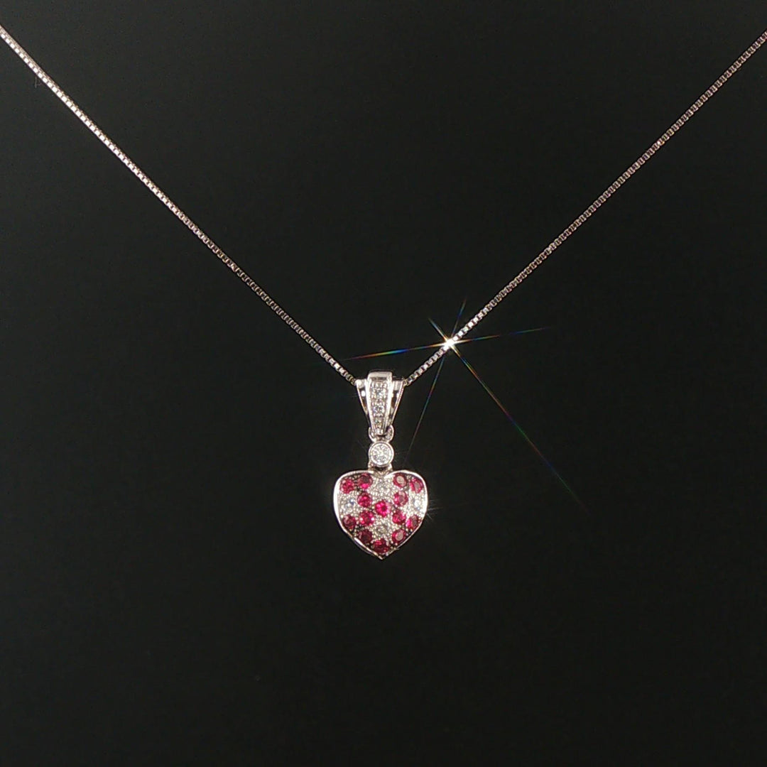14k White Gold Ruby and Diamond Heart Pendant Necklace 18"