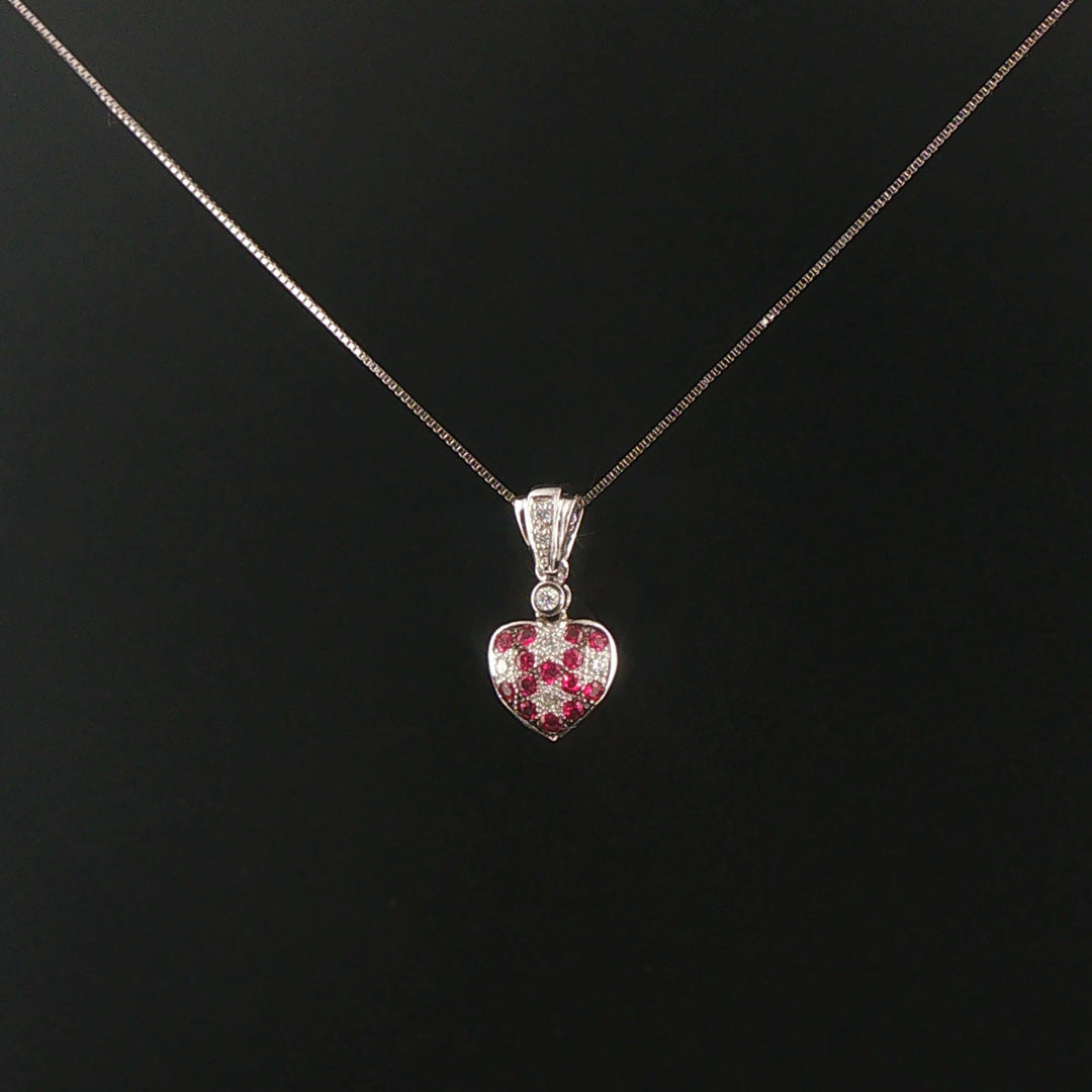 14k White Gold Ruby and Diamond Heart Pendant Necklace 18"