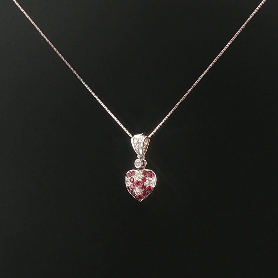 14k White Gold Ruby and Diamond Heart Pendant Necklace 18"