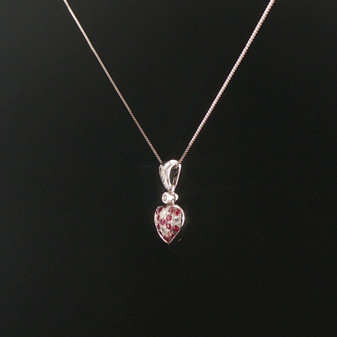 14k White Gold Ruby and Diamond Heart Pendant Necklace 18"