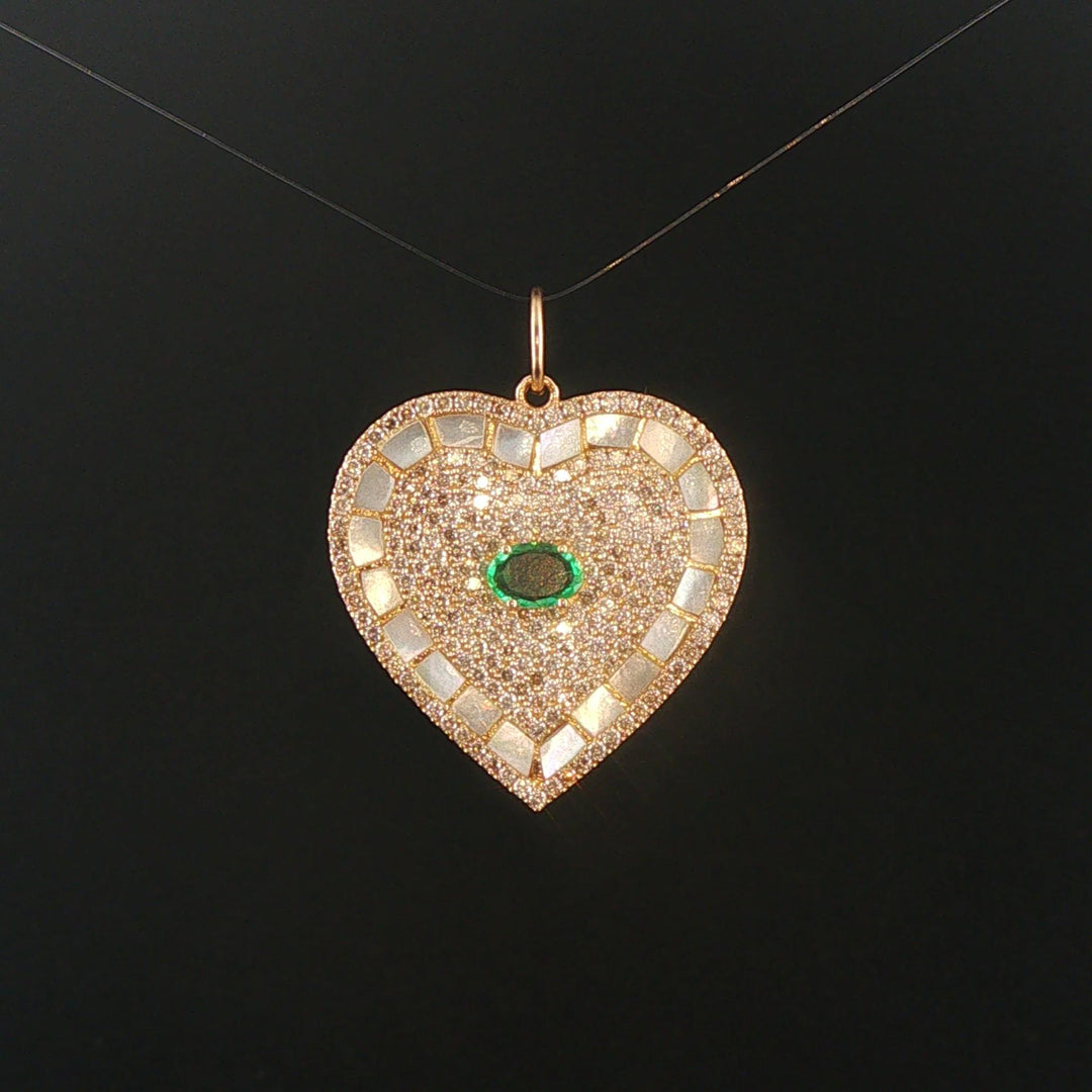 14k Yellow Gold Emerald Mother of Pearl and 1cttw Diamond Heart Charm Pendant