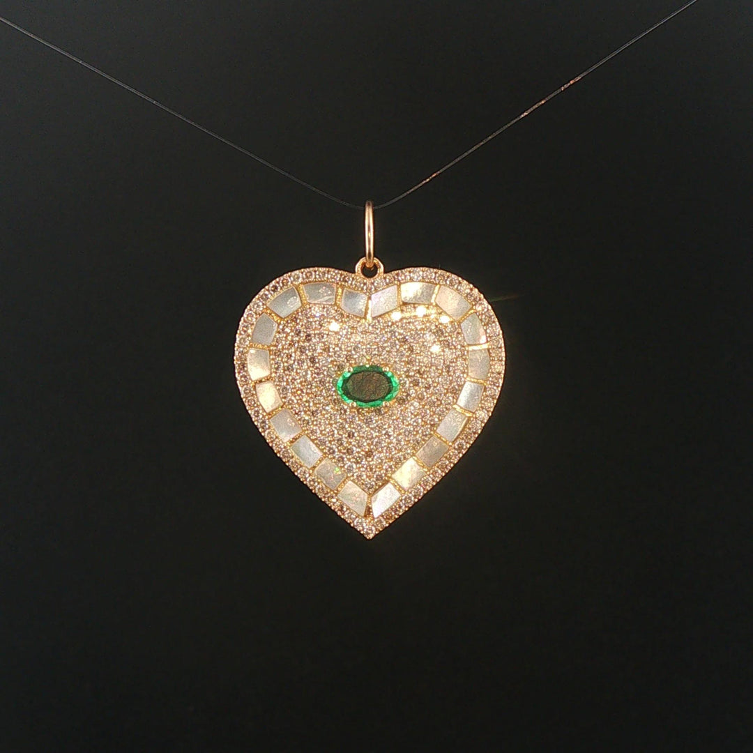 14k Yellow Gold Emerald Mother of Pearl and 1cttw Diamond Heart Charm Pendant