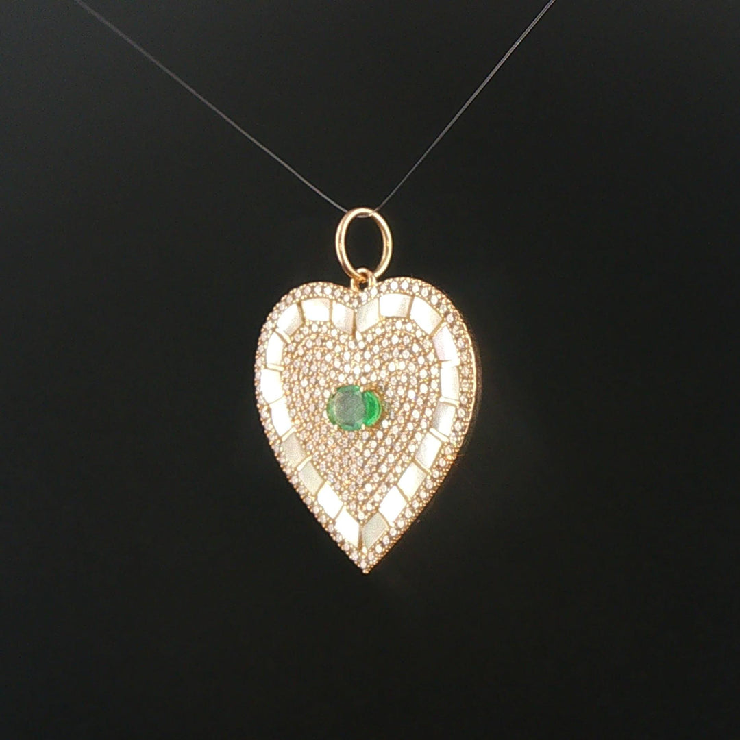 14k Yellow Gold Emerald Mother of Pearl and 1cttw Diamond Heart Charm Pendant