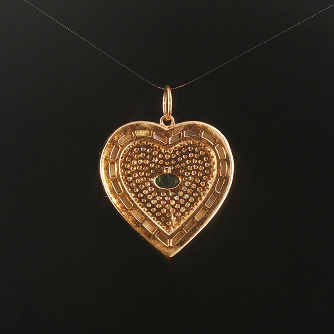 14k Yellow Gold Emerald Mother of Pearl and 1cttw Diamond Heart Charm Pendant