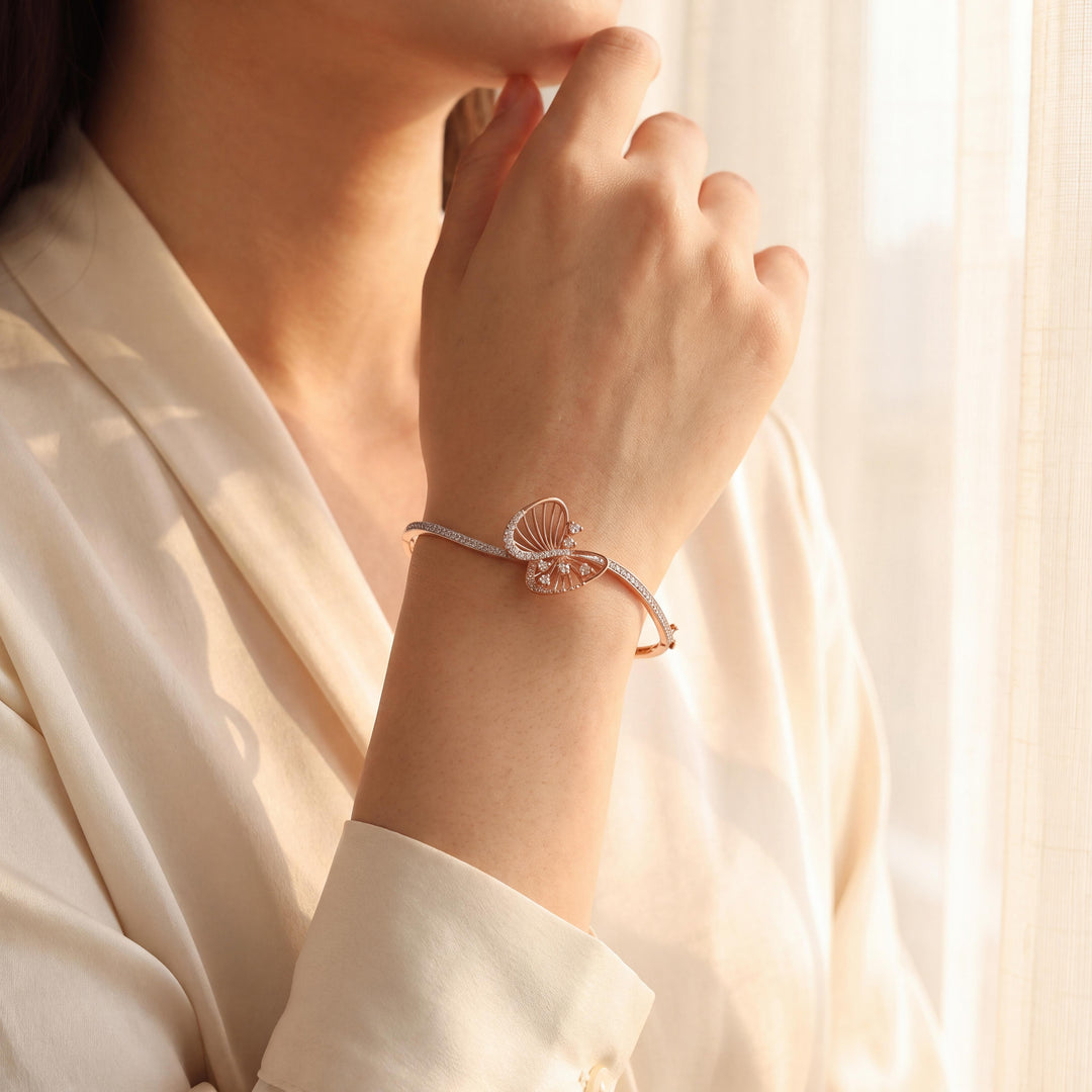 18k Rose Gold and 0.50cttw Diamond Butterfly Bangle Bracelet 6.5"