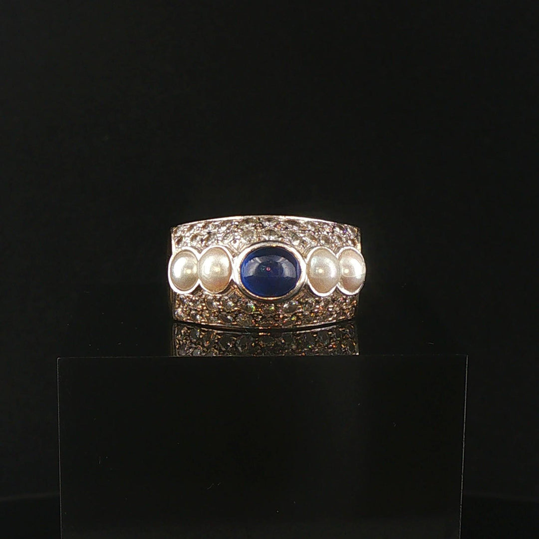 18k Yellow Gold Cabochon Sapphire Pearl and 1.25cttw Diamond Heavy Ring Size 7