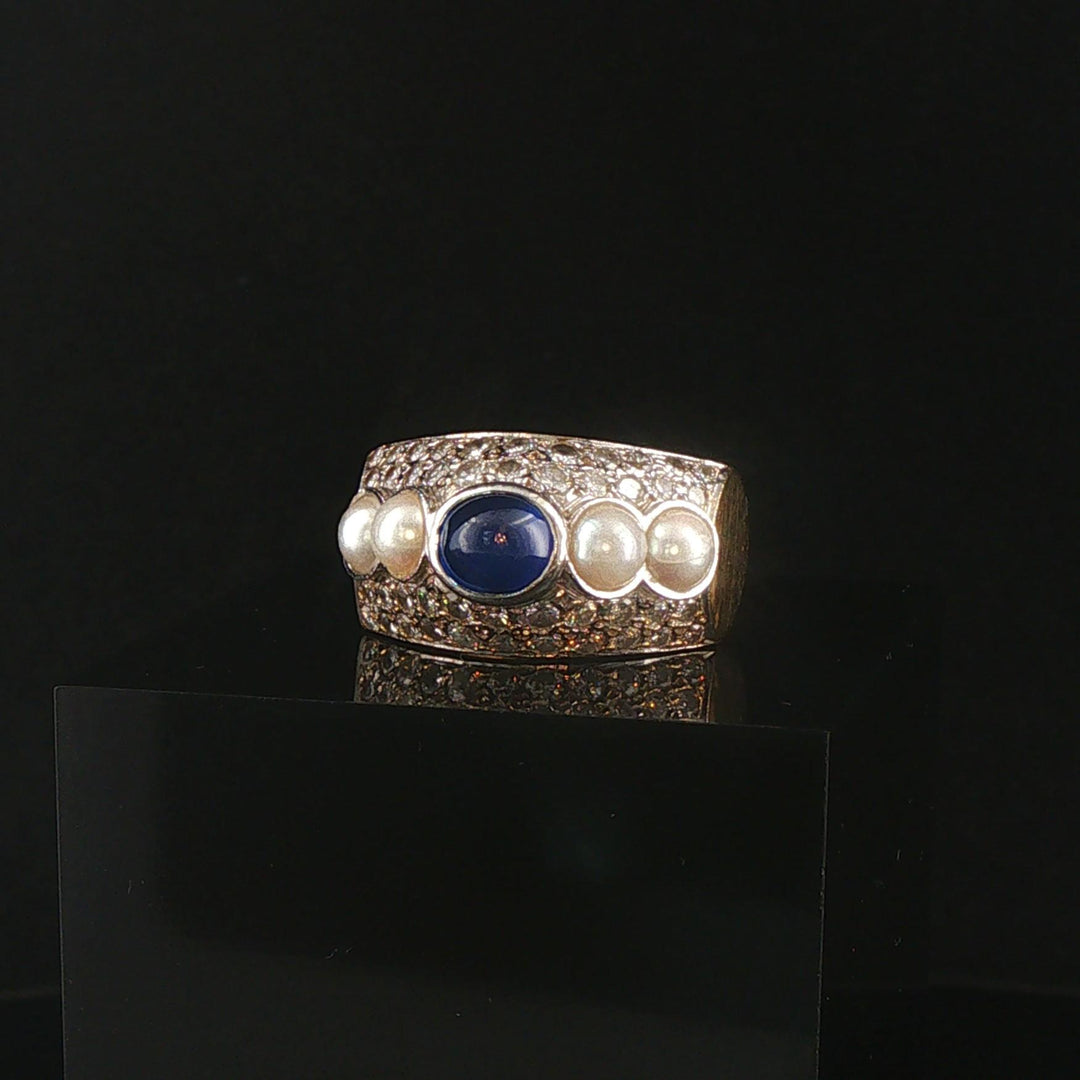 18k Yellow Gold Cabochon Sapphire Pearl and 1.25cttw Diamond Heavy Ring Size 7