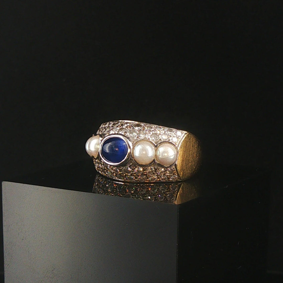 18k Yellow Gold Cabochon Sapphire Pearl and 1.25cttw Diamond Heavy Ring Size 7