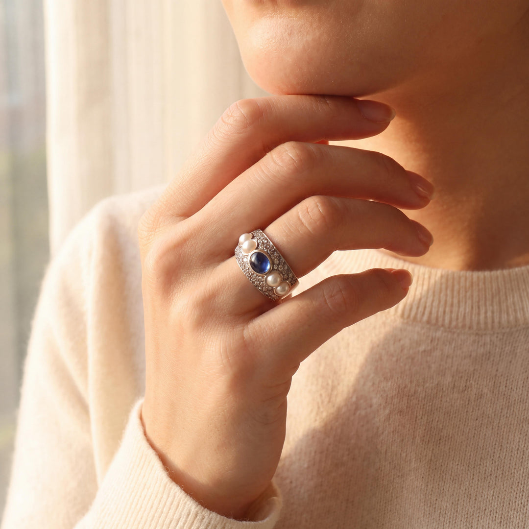 18k Yellow Gold Cabochon Sapphire Pearl and 1.25cttw Diamond Heavy Ring Size 7