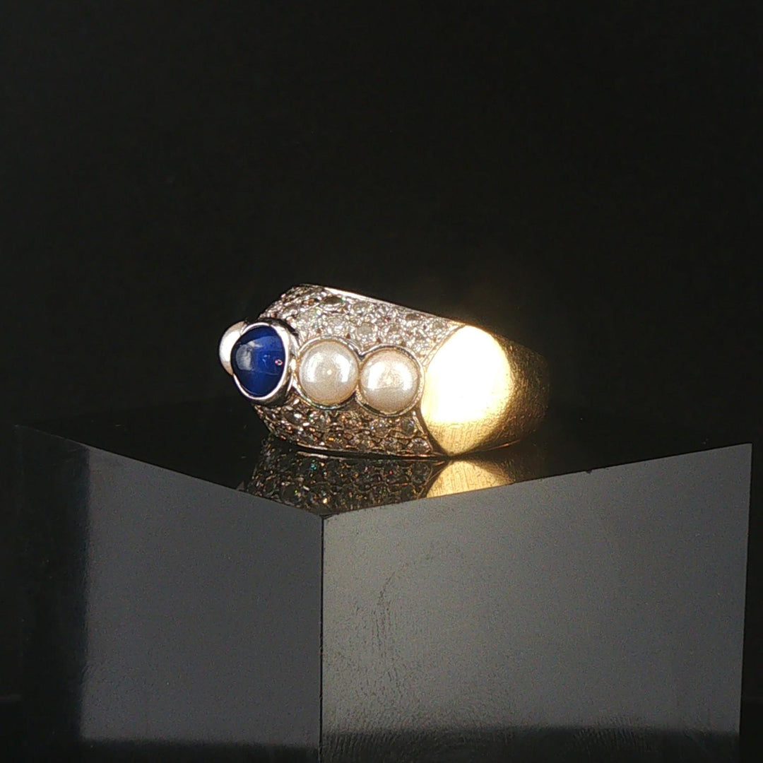 18k Yellow Gold Cabochon Sapphire Pearl and 1.25cttw Diamond Heavy Ring Size 7
