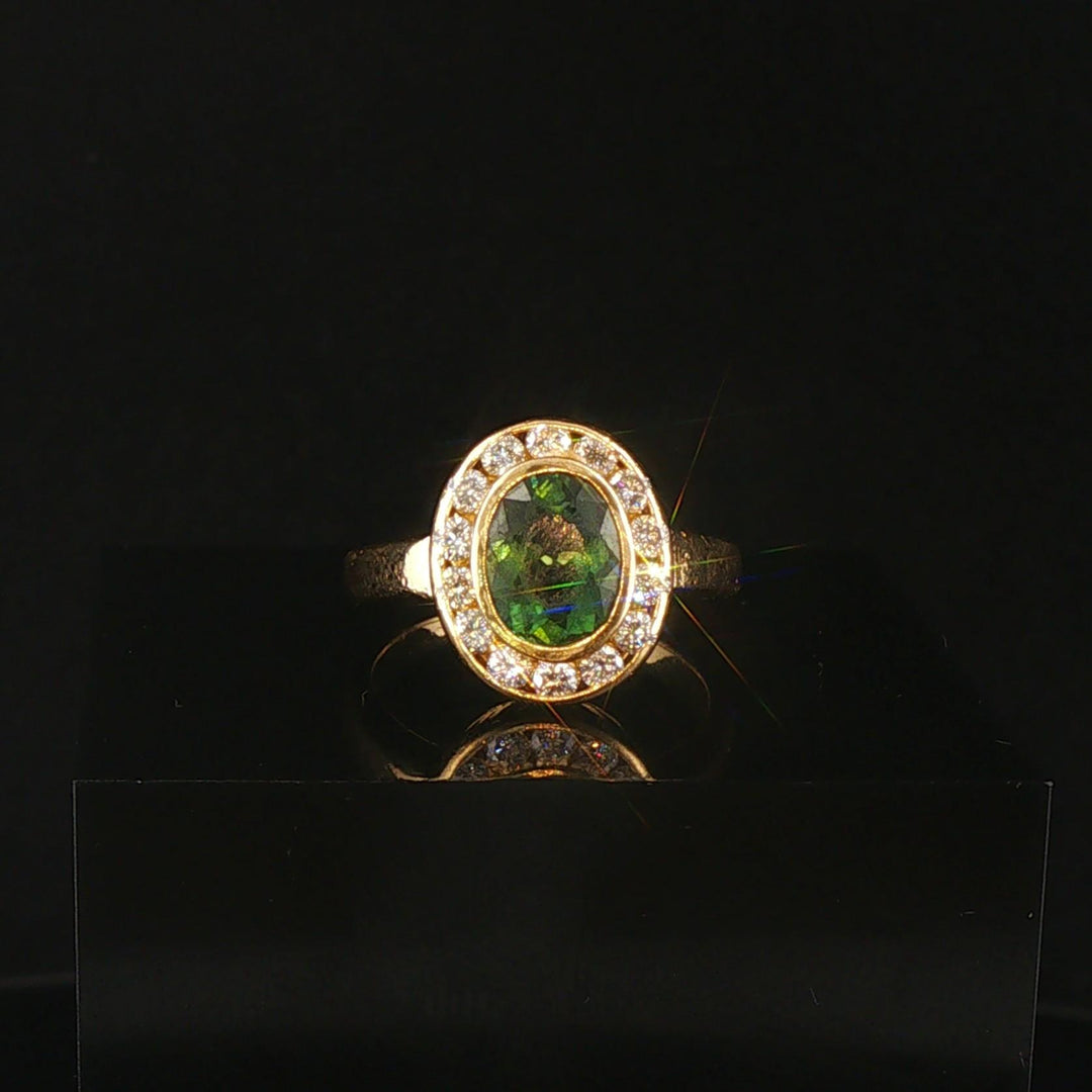18k Yellow Gold Green Tourmaline and Diamond Halo Ring Size 4.5