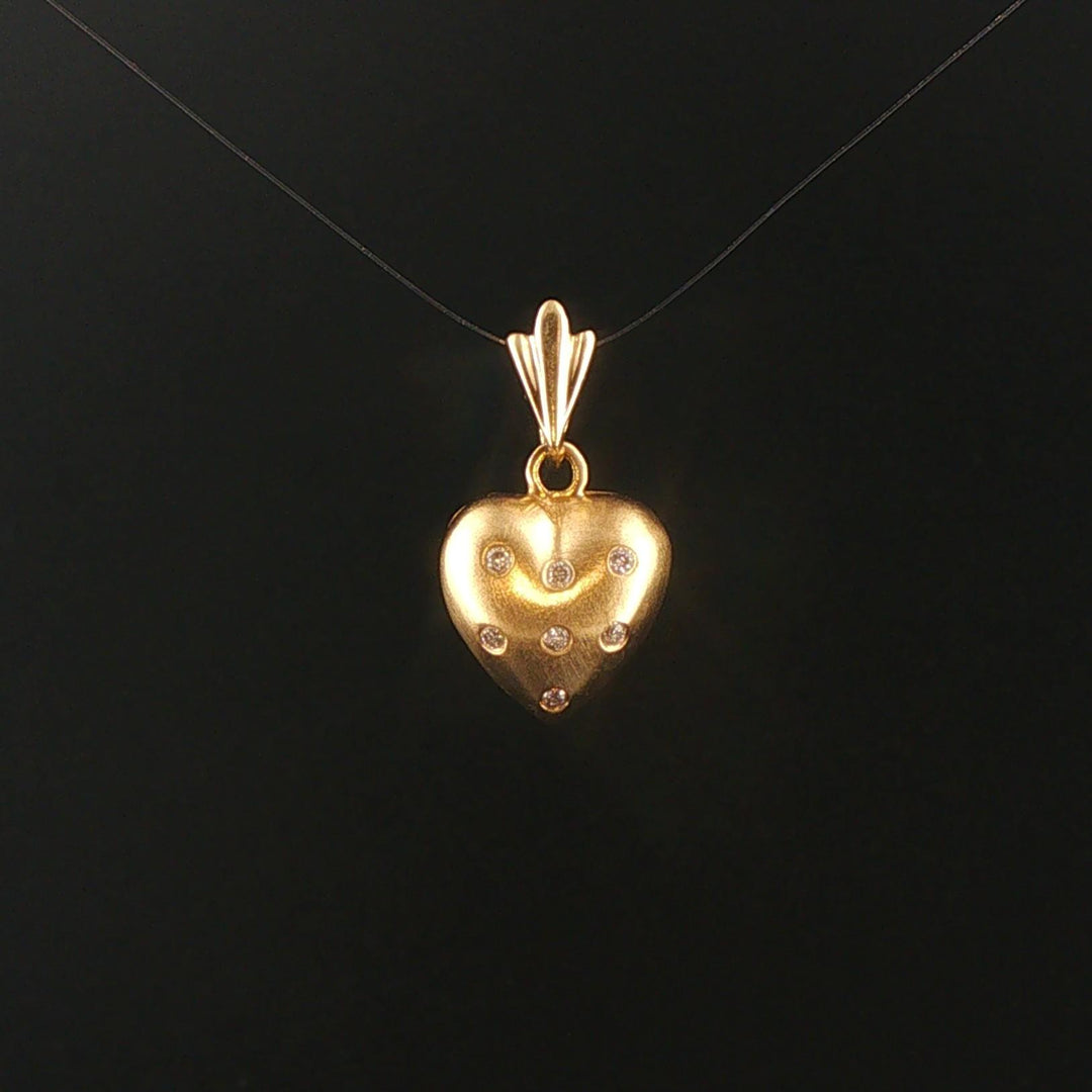 14k Yellow Gold and Flush Set Diamond Satin Finish Heart Pendant