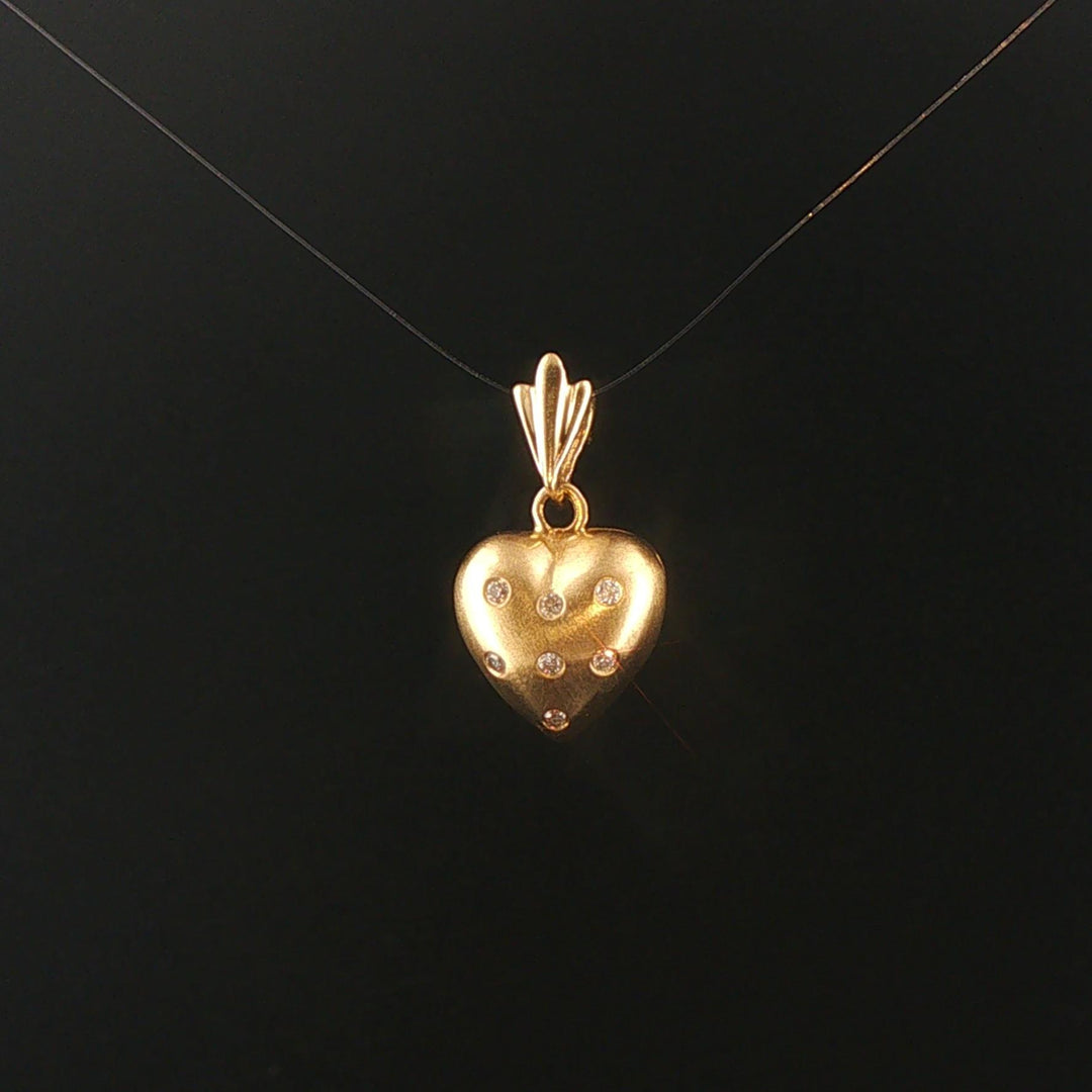 14k Yellow Gold and Flush Set Diamond Satin Finish Heart Pendant