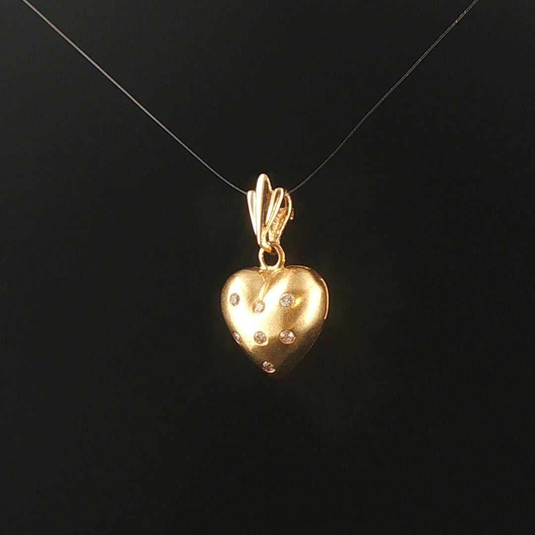 14k Yellow Gold and Flush Set Diamond Satin Finish Heart Pendant