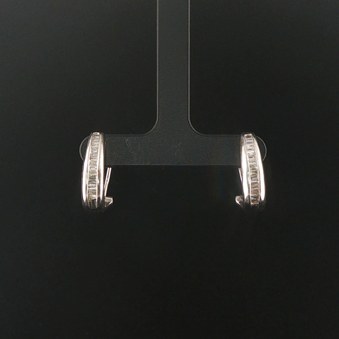 14k White Gold and 0.50cttw Baguette Diamond Hoop Huggie Earrings