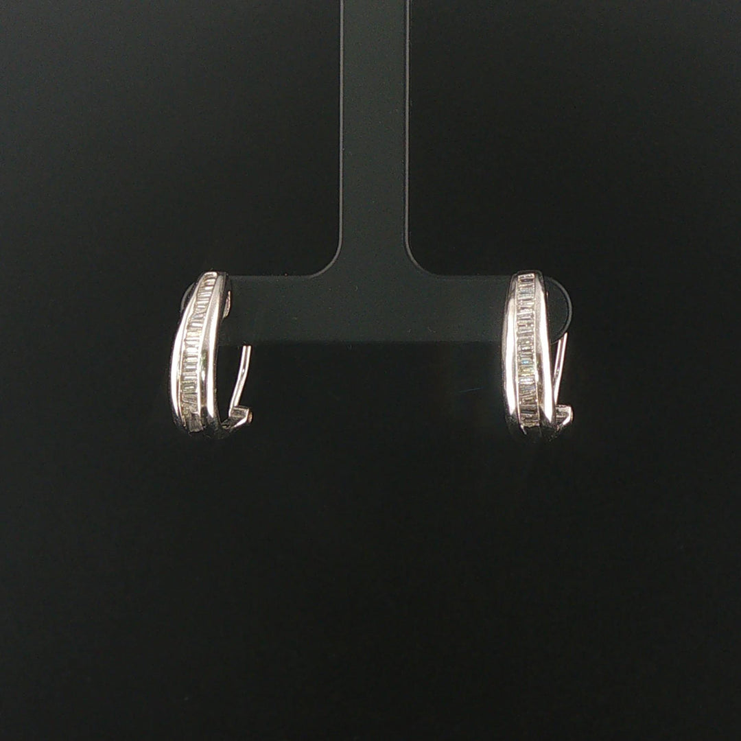 14k White Gold and 0.50cttw Baguette Diamond Hoop Huggie Earrings