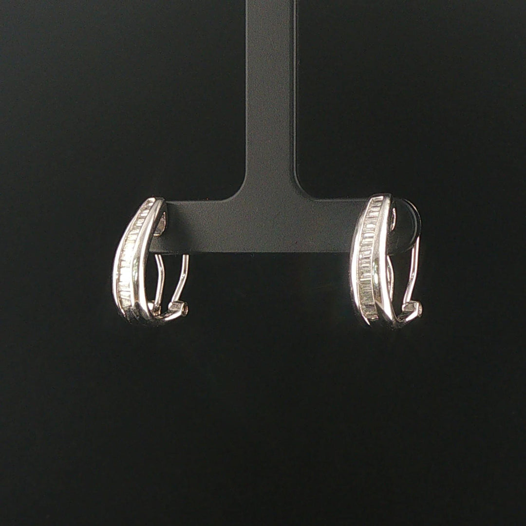 14k White Gold and 0.50cttw Baguette Diamond Hoop Huggie Earrings