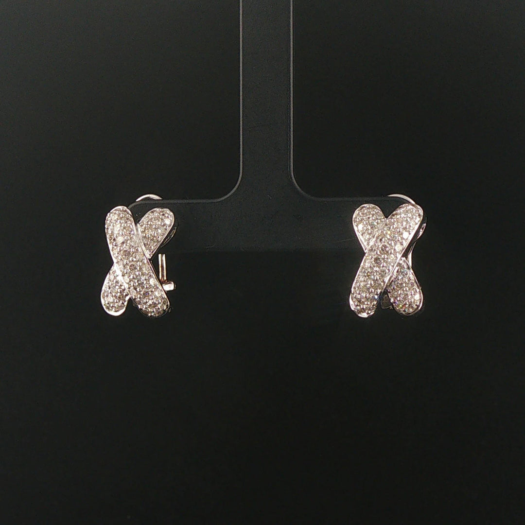 18k White Gold and 1.50cttw Pave Set Diamond Solid X Huggie Earrings