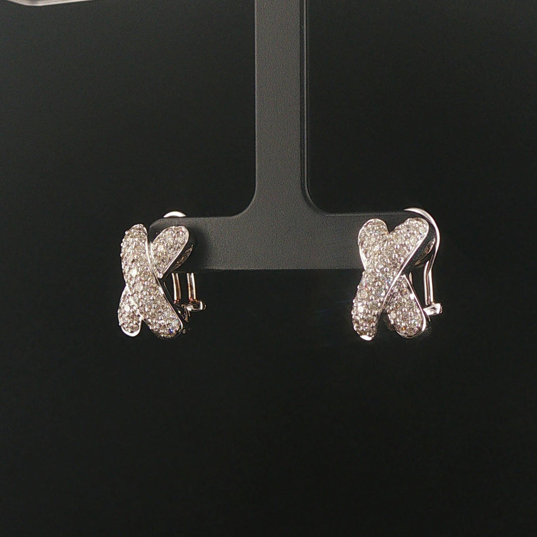 18k White Gold and 1.50cttw Pave Set Diamond Solid X Huggie Earrings