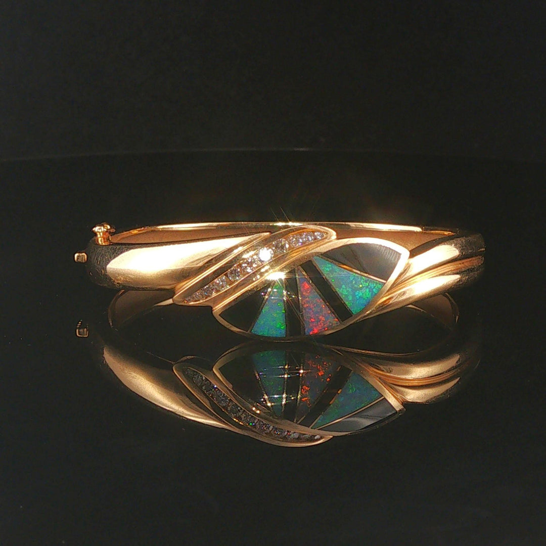 14k Yellow Gold 33g Solid Opal Onyx and Diamond Solid Bangle Bracelet 6.25"