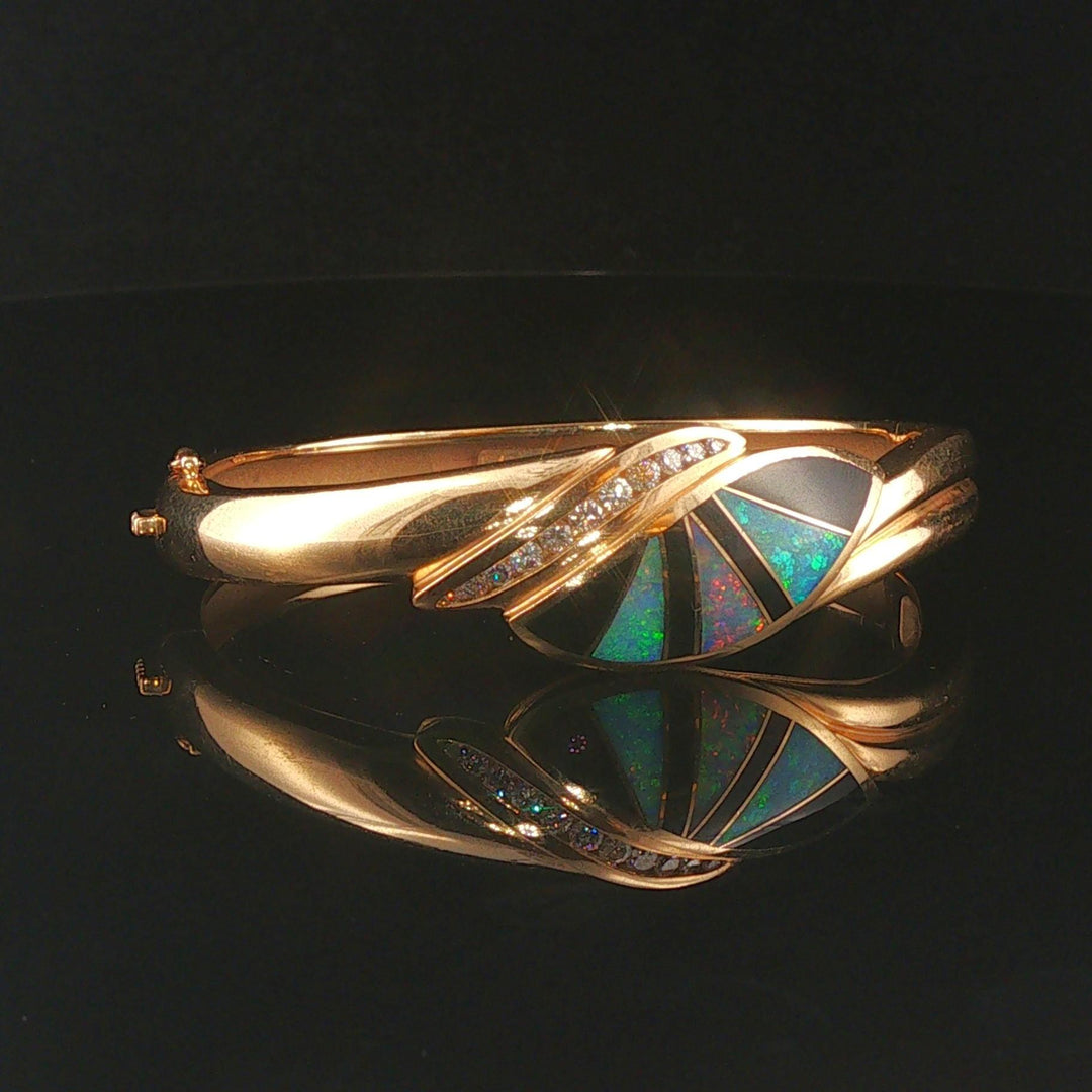 14k Yellow Gold 33g Solid Opal Onyx and Diamond Solid Bangle Bracelet 6.25"