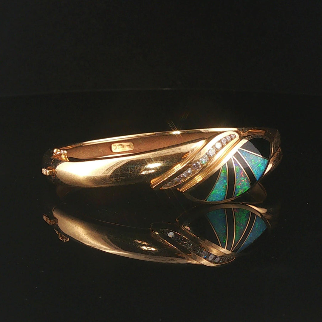 14k Yellow Gold 33g Solid Opal Onyx and Diamond Solid Bangle Bracelet 6.25"