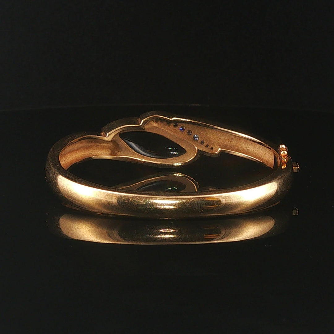 14k Yellow Gold 33g Solid Opal Onyx and Diamond Solid Bangle Bracelet 6.25"