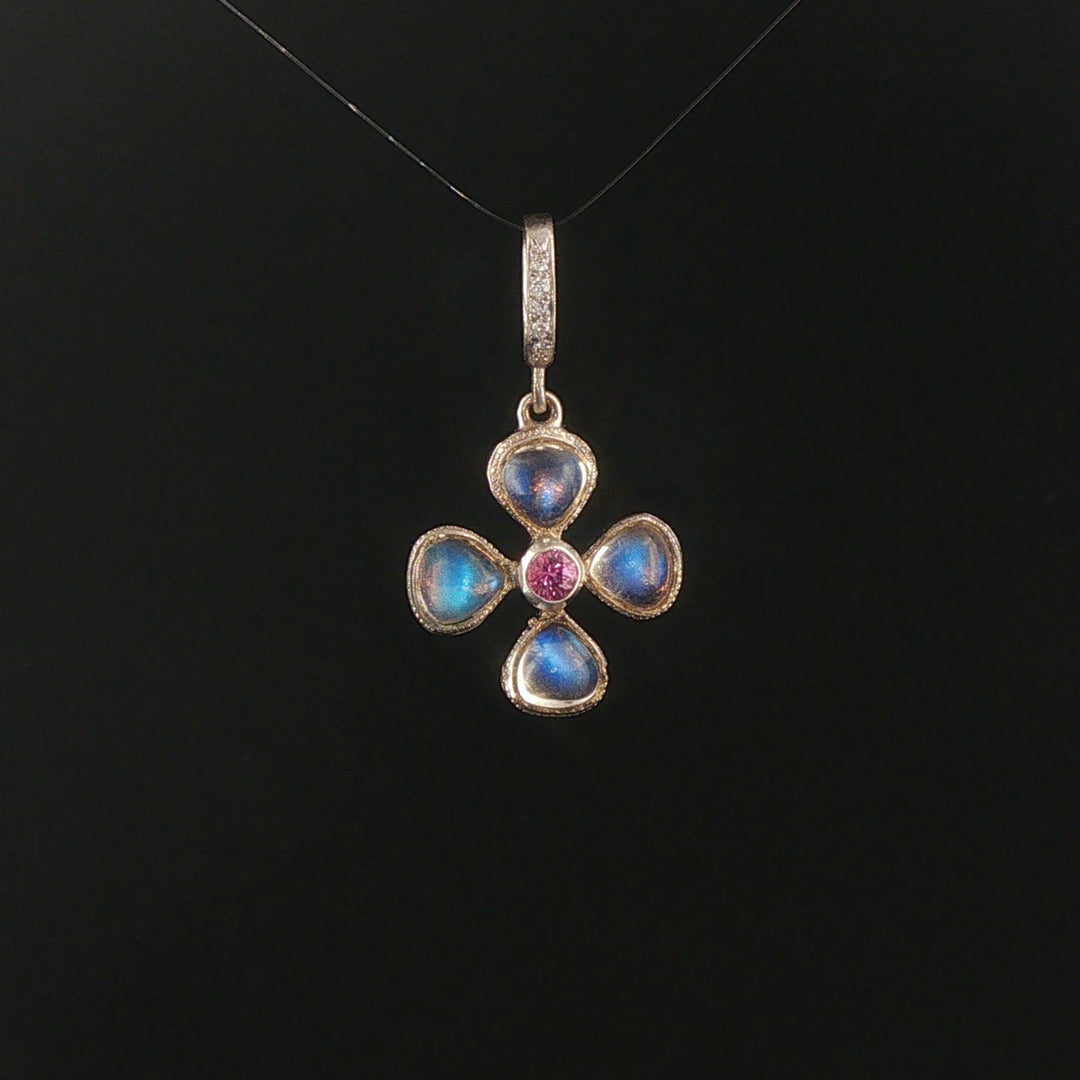 14k White Gold Rainbow Moonstone Pink Sapphire Diamond Vintage Clover Pendant