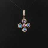 14k White Gold Rainbow Moonstone Pink Sapphire Diamond Vintage Clover Pendant